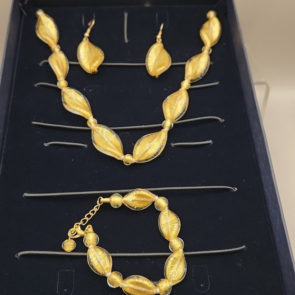 Stauer Venetian Gold Leaf Filled Murano Glass Earrings, Necklace & Bracelet Set